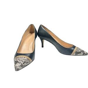 Talbots Pumps Black Leather Women’s Snake Pattern Cap Toe Pointed Pumps Heels 8M